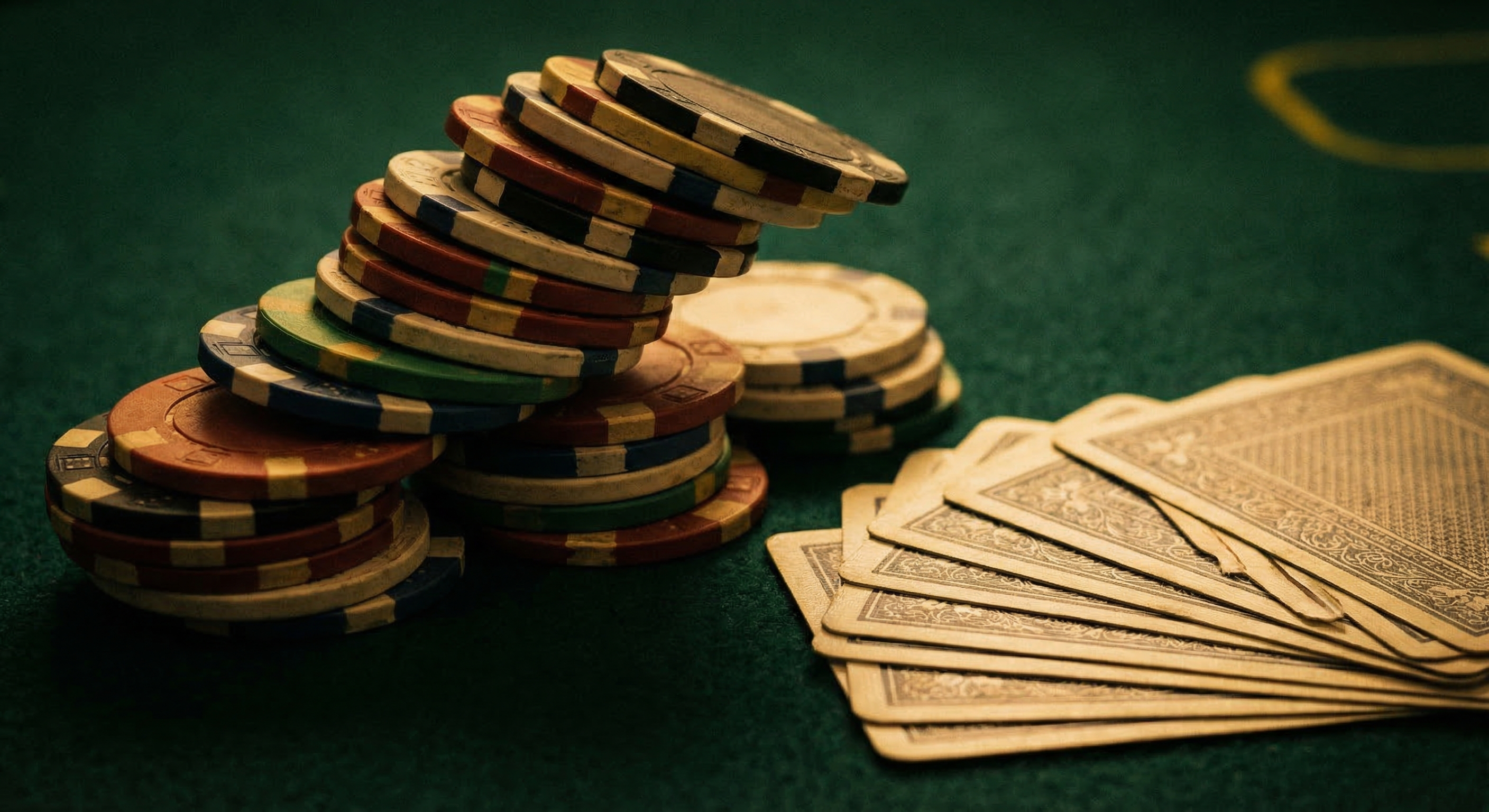 Poker chips stacked on dark green casino felt with playing cards fanned face-down, moody gold overhead lighting
