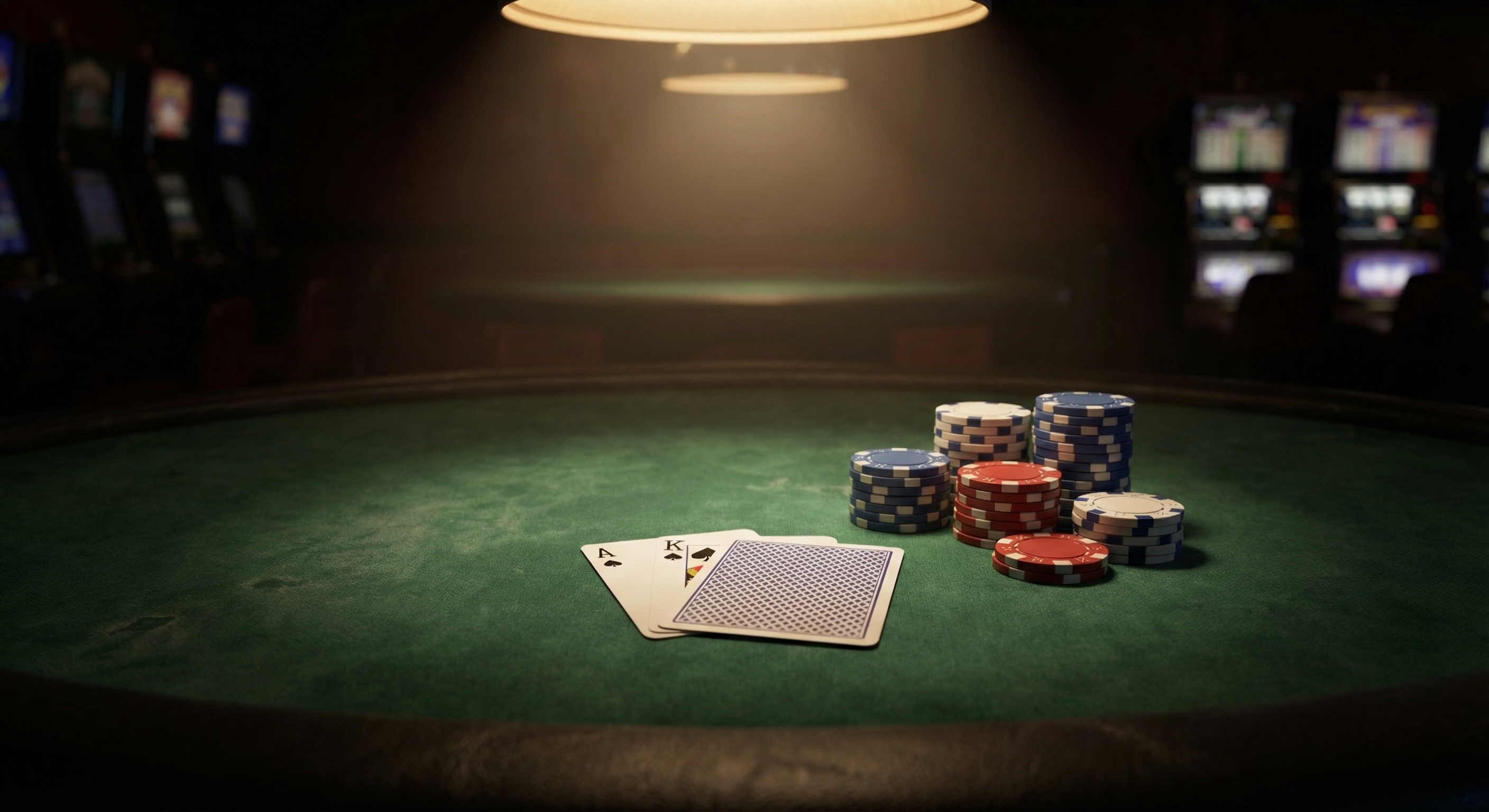 Ace and king of spades on dark green casino felt under dramatic overhead lighting with poker chip stacks nearby