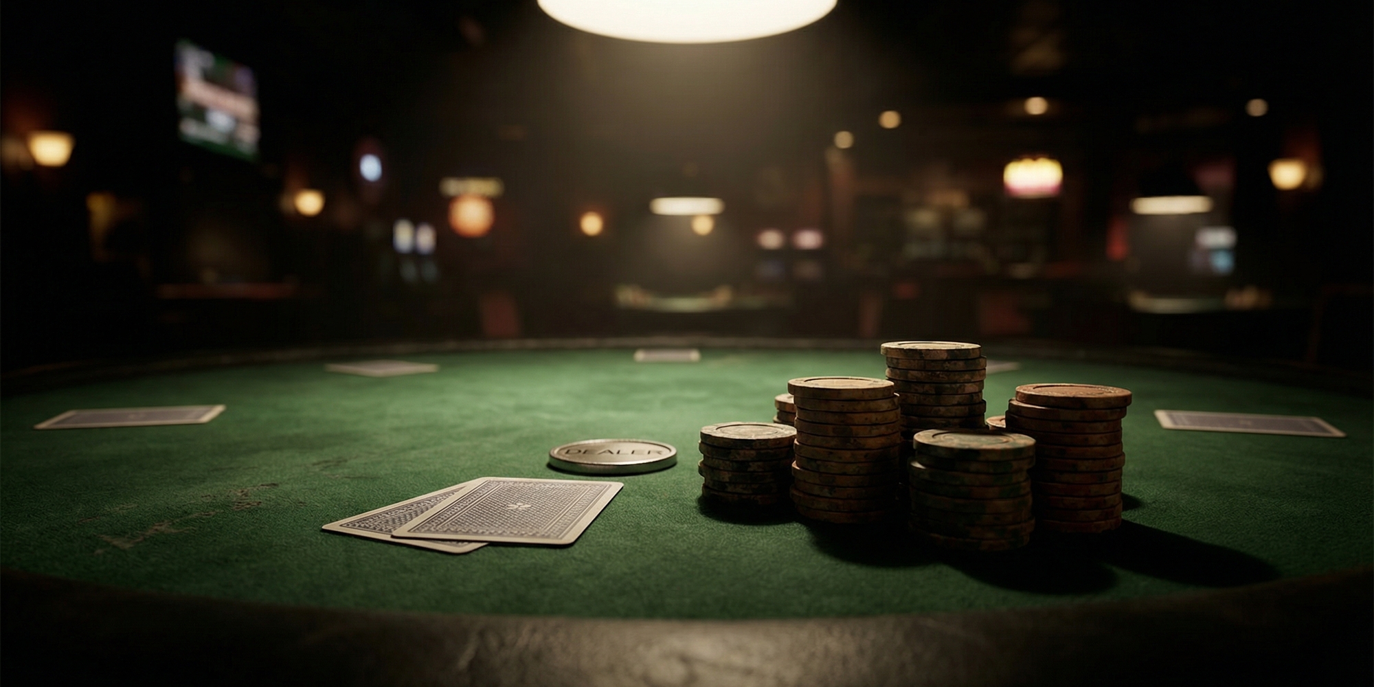 Stacks of poker chips and two face-down cards on dark green felt under moody overhead casino lighting