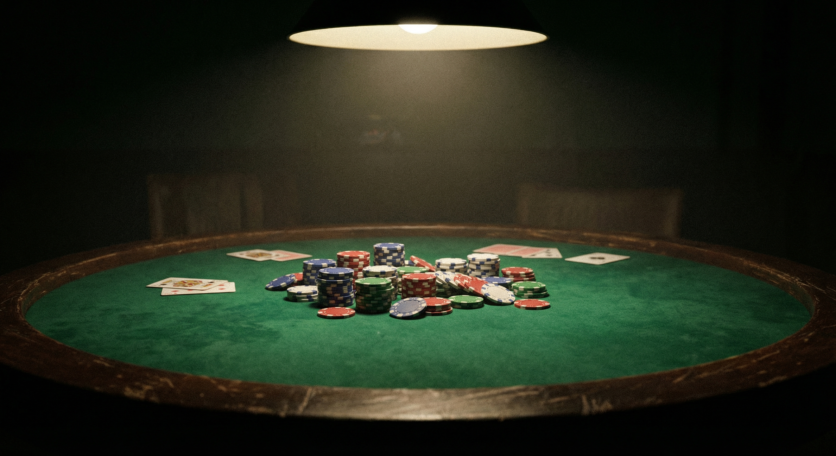 Close-up of casino chips stacked on green felt under dramatic overhead poker room lighting