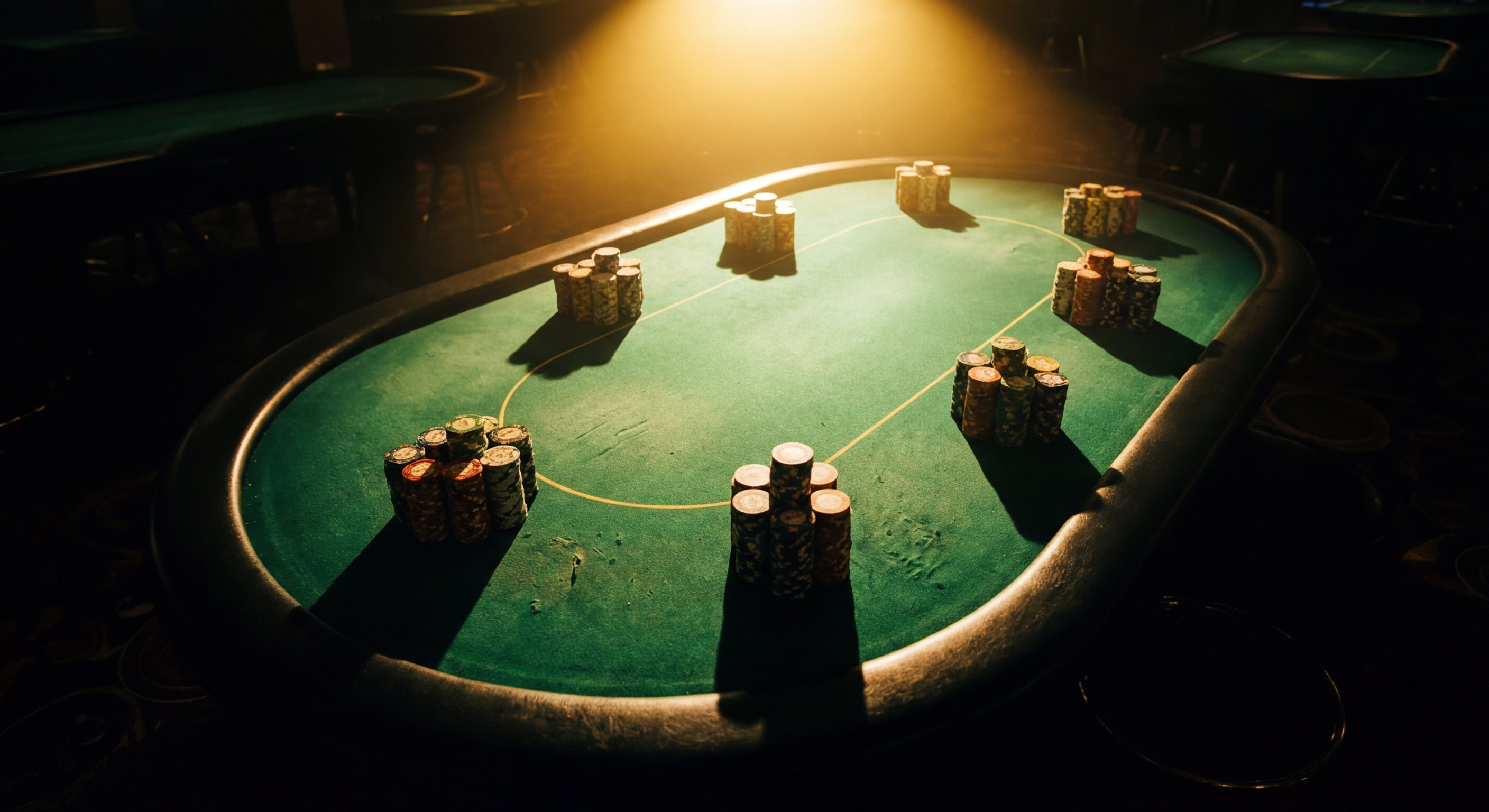 Casino chip tower under dramatic spotlight on dark green felt at a poker final table