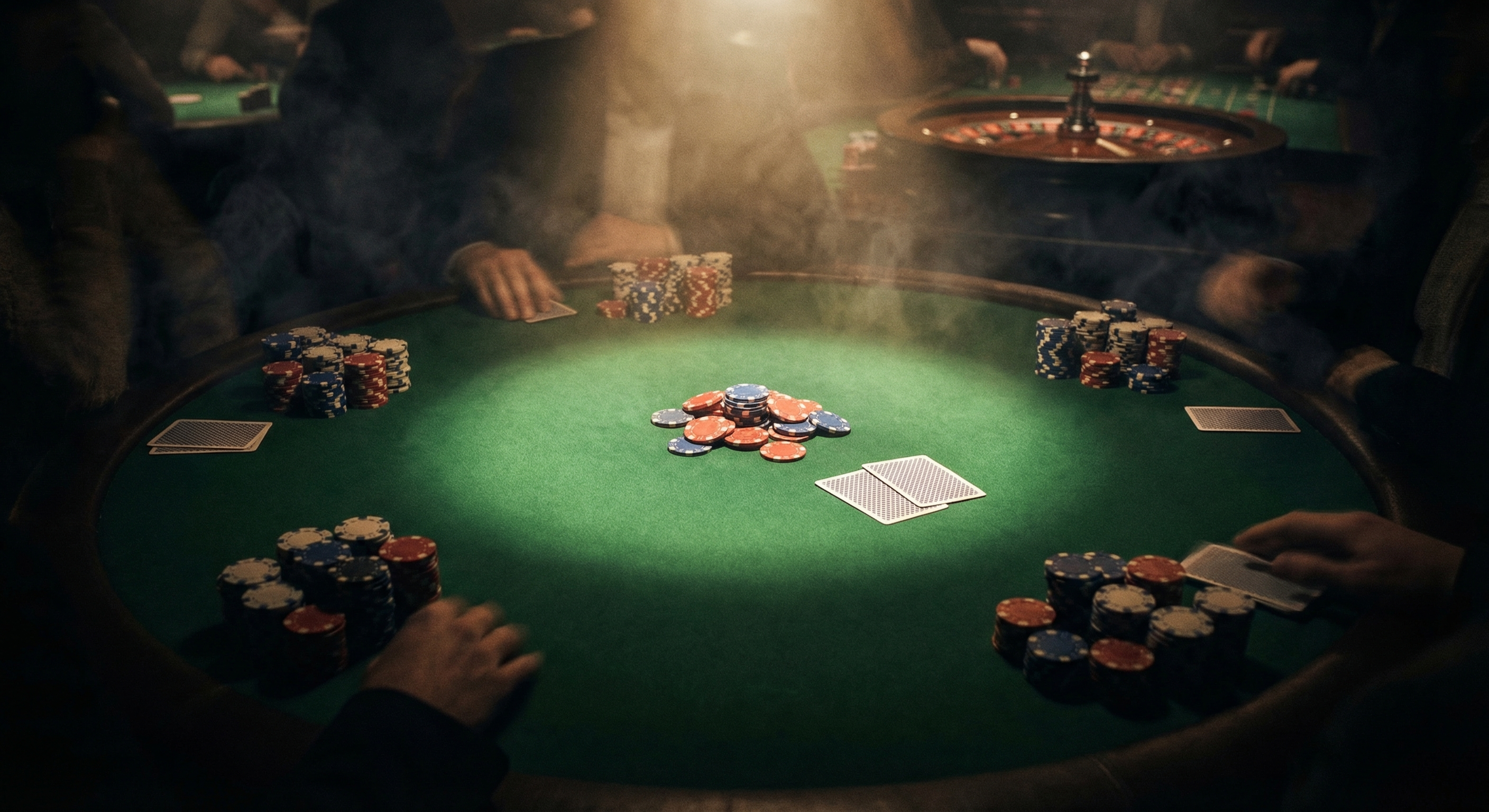 Short stack of poker chips under a dramatic spotlight on green casino felt, surrounded by towering chip stacks in deep shadow — the bubble moment