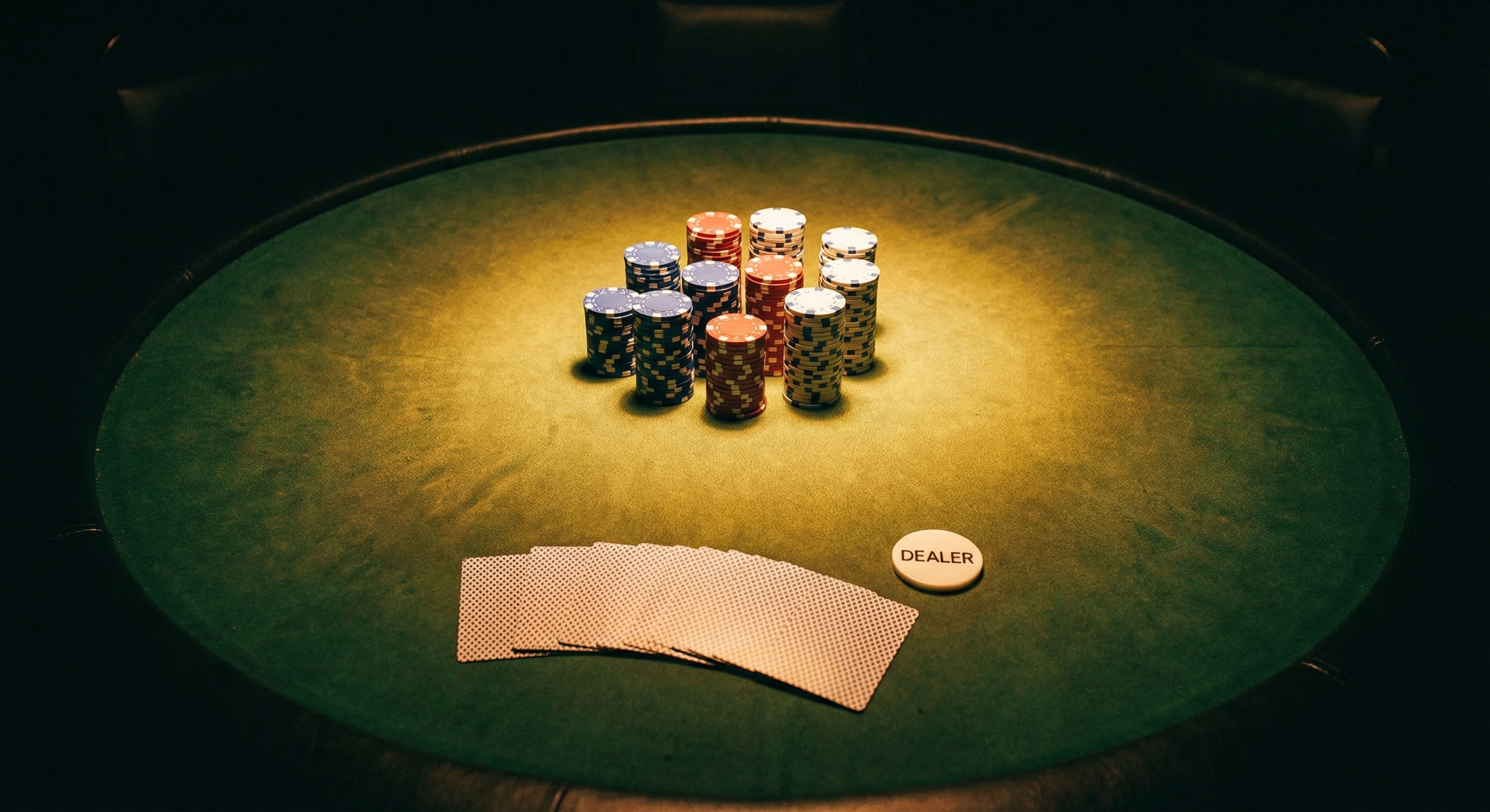 Casino poker chips stacked under dramatic spotlight on green felt table with dealer button marker