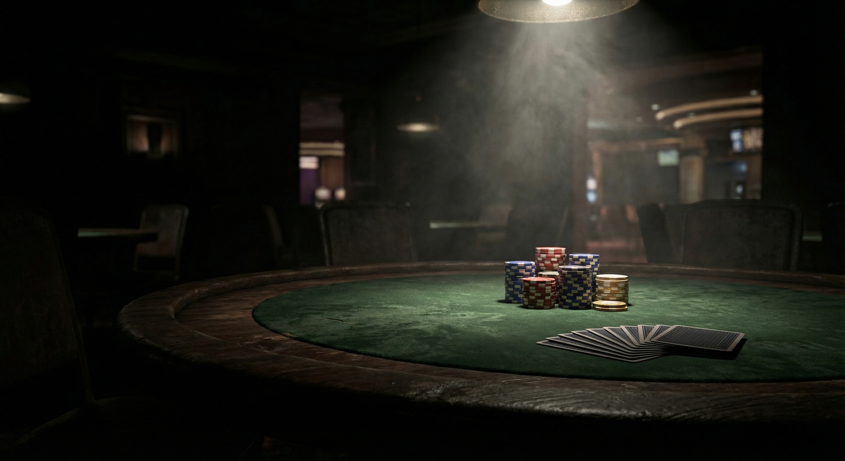Stack of poker chips on dark green casino felt under dramatic single spotlight, cards fanned face-down beside them
