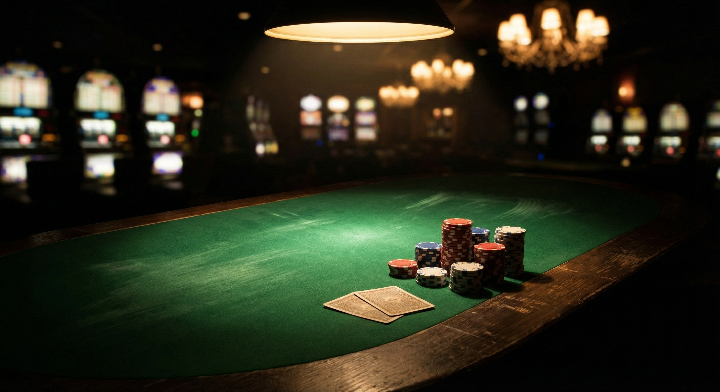 Stacks of poker chips and face-down cards on dark green felt under dramatic overhead casino lighting